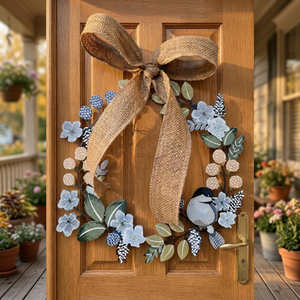 Corona de estilo rústico con flores azules y lazo de arpillera, corona decorativa hecha a mano para decoración de puertas o paredes - Product Image 6