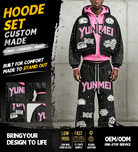 Conjunto de Sudadera con Capucha y Pantalones Deportivos para Hombre, Estilo Streetwear, Personalizado, con Bordado Desgastado, Cierre de Cremallera, Gráficos con Pedrería, Lavado Ácido - Product Image 5