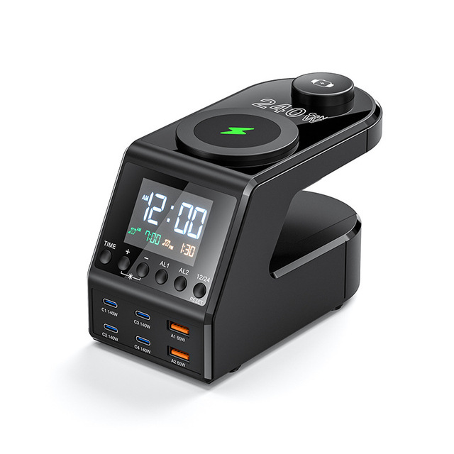 240W Multi-functional Desktop Wireless Charging Station With Digital Clock Alarm Clock, All-in-One Multi-port Fast Charger