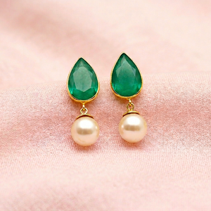 Pendientes clásicos chapados en oro de plata 925 con cristal verde talla pera y perla de imitación para mujer, joyería de fiesta - Product Image 1