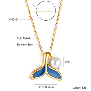 Colliers pendentifs tendance en acier inoxydable CAIOOCHE, queue <span class=keywords><strong>de</strong></span> poisson bleue, perle blanche, collier pour la <span class=keywords><strong>vie</strong></span> quotidienne pour femmes - Product Image 3