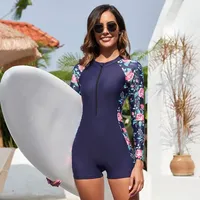 Nouveau Maillot de Bain Monokini Une Pièce Floral à Manches Longues et Fermeture Éclair pour Femme 2026, en Polyester et Nylon, Effet Push-up