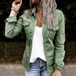 Herbst Damen Casual Camouflage Einreihiger Druckknopf-Revers Langarm-Jacke mit Taschen Denim-Hemd - Product Image 3