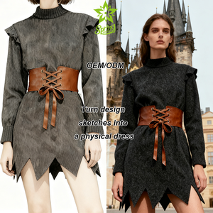 Vestido Mini Vintage Dulce de Línea A, Ecológico, Cuello Alto, Manga Larga, con Cinturón de Cordones, Ropa de Invierno Personalizada para Mujer, OEM - Product Image 1