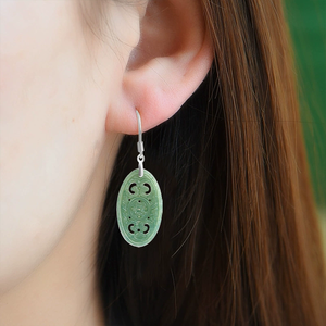 Natural Genuine A-grade Jadeite Antique Classic <b>Stud</b> <b>Earrings</b> S925 <b>Silver</b> <b>Set</b> Jade Ethnic Style Women's Gift Third Party - Product Image 4