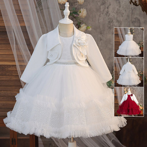 Set di Abbigliamento Principessa in Pizzo per Bambine, Elegante Giacca Rossa e Vestito da Compleanno per 4-8 Anni, Completo per Feste con Fiori, Abito da Cerimonia per Bambini - Product Image 1