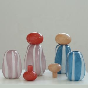 Vaso Moderno in Vetro Soffiato a Mano <span class=keywords><strong>con</strong></span> Parte Superiore a Ciottoli e Corpo Striato Rosa, Centrotavola Decorativo per Casa e Regali - Product Image 3