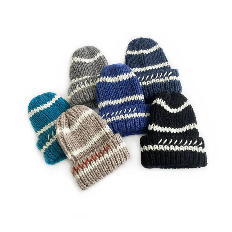 OEM Factory Outdoors Winter Striped Beanie Hats Crochet Knit Custom Logo Winter Caps with Patches Unisex Knit Cuffed Beanie