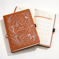 Carnet de notes A5 en PU marron à couverture rigide, avec gaufrage personnalisé Champignon Fougère Oiseau, Agenda 2028