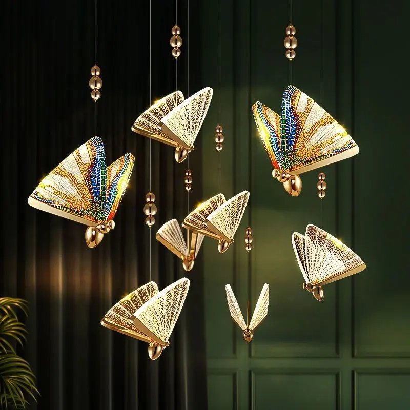 JIAQI Modern yeni renkli kelebek kolye lamba otel iç dekoratif sanat merdiven küçük avize aydınlatma