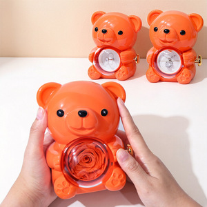 Bright Orange 360 Degree Rotating Hug Bear Rose Jewelry Box Flip Surprise Ring Box for Engagement Wedding Birthday Summer Gifts - Product Image 1