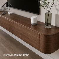 Meuble TV mural flottant moderne en bois massif finition noyer avec 4 tiroirs de rangement pour salon