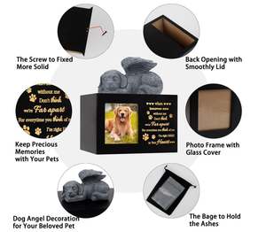 特注大型木製ペットの壷犬猫の灰犬の天使と記念の記憶箱フォトフレーム付きペットの壷 - Product Image 4