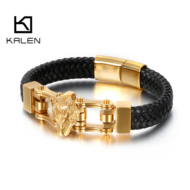 KALEN Black Genuine Leather Braided Rope Gold Wolf Bracelet Men