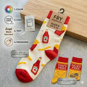 KTS132 OEM Personnalisé Sans MOQ <span class=keywords><strong>Chaussettes</strong></span> amusantes en polyester/coton tricotées à motif frites, créatives et originales, pour hommes et femmes - Product Image 2