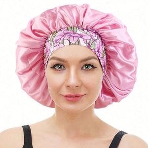Large Size Flower Print Satin <b>Bonnet</b> for Women's Curly Hair Care Wide Band Travel & Beach Use Salon Quality Hair <b>Bonnet</b> - Product Image 1