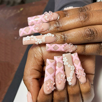 Ongles pressés 3D géométriques, forme cercueil/ameubl, rose moyen, couverture complète, brillants, longue durée, autocollants pour femmes, manucure