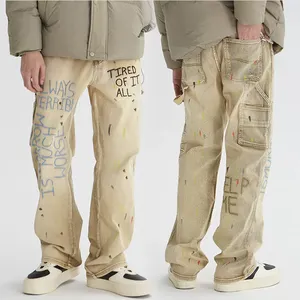 HL manufacture-pantalones vaqueros desgastados para carpinteros, jeans de mezclilla con pintura personalizada contra salpicaduras, estampado de letras, jeans de pierna recta holgados