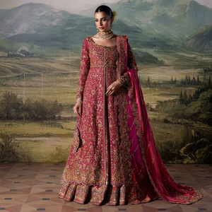 Ensemble de Lehenga de Mariée Traditionnel Pakistanais, Taille Naturelle, Broderie Faite Main, Perles de Cristal, Manches Longues, Longueur Ras du Sol, pour Mariage - Product Image 1