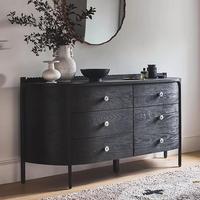 Commode de luxe moderne en chêne noir à 6 tiroirs avec poignées en cristal - Meuble de rangement contemporain pour chambre, salle de bain et appartement