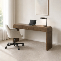 Console longue incurvée en noyer à 3 tiroirs avec poignées dorées, table d'appoint de rangement pour entrée, salon et couloir