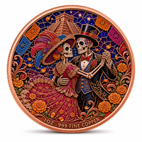Pièce de monnaie en cuivre fin 999, 1 once, avec relief 3D, motif Couple de squelettes dansants du Jour des Morts, commémorative, Calavera, chapeau à plumes, pyramide aztèque, objet de présentation, cadeau