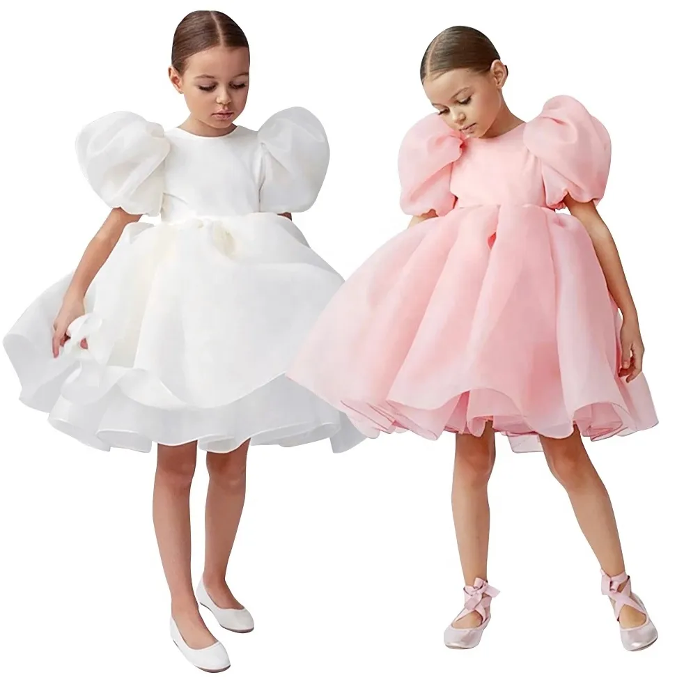 NEW Fashion Girl Princess Vintage Dress Tulle Kids Puff Sleeve Wedding Party Birthday Tutu Dress Child Clothes