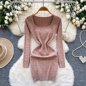 Robe en tricot torsadé à manches longues et à col carré de style mondain purement élégant pour femme, taille élastique automne et hiver-<span class=keywords><strong>Cinc</strong></span> - Product Image 4