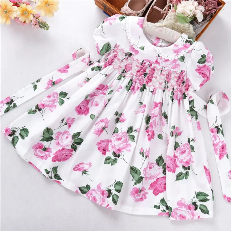 C0262673 Baby Meisjes Gesmokte Jurk Zomer Bloem Bloemen Katoen Casual Kids Kleding Kinderen Jurken Groothandel