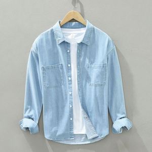 Camisa vaquera de algodón para hombre NY, camisa de manga larga estilo overol, camisa informal holgada de estilo japonés - Product Image 1