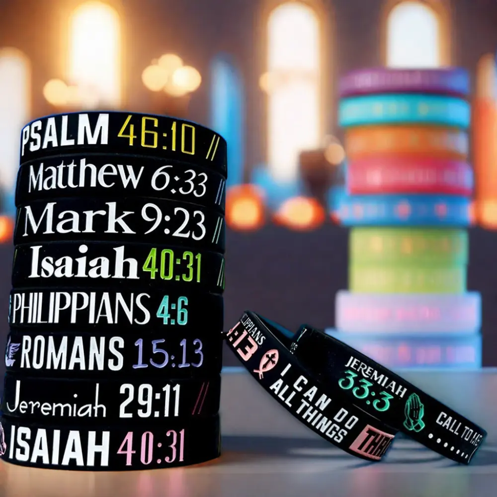 Pulseira de silicone elástica cristã, adequada para homens e mulheres, pulseira de silicone com texto bíblico, pode ser personalizada