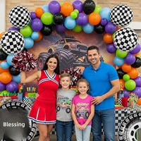 Kit d'arche de ballons sur le thème des Monster Truck avec ballons en aluminium à grandes roues et étoiles à carreaux pour décorations de fête sur le thème des voitures de course
