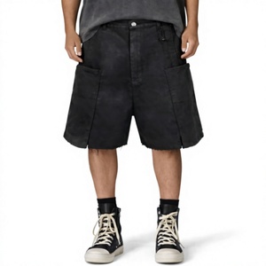 Men's High Waist Cargo Shorts Solid Black Canvas Workwear Style Breathable Button Fly Bermuda Length Pockets - Product Image 3
