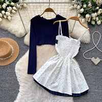 Ensemble deux pièces élégant à pois avec nœud à la taille et manches longues pour femme – Style Preppy, idéal pour l'été et les trajets quotidiens