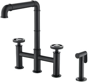 Grifo de cocina de estilo tubería Industrial, rociador de bidé, negro, 3 agujeros para fregadero