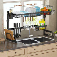 Porte-couteaux d'égouttage télescopique noir OEM Support de rangement pour évier de cuisine en métal et acier inoxydable pour bols à vaisselle, baguettes et épices
