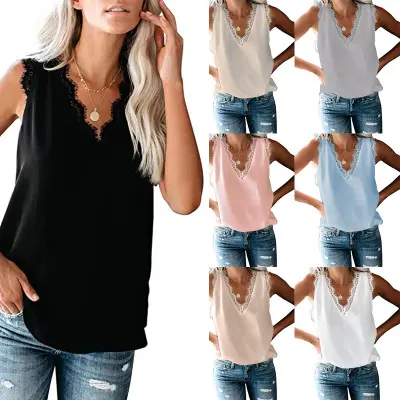 New Fashion Women Vest Loose Casual Sleeveless Eyelash Lace V-neck Lady Summer Black Tank Top Solid Color Tops Clothing Vest