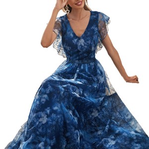 Custom evening <b>dress</b>, <b>thin</b> shoulder <b>straps</b>, V-neck printed tulle ruffled fairy <b>dress</b>, long elegant graduation season skirt - Product Image 2