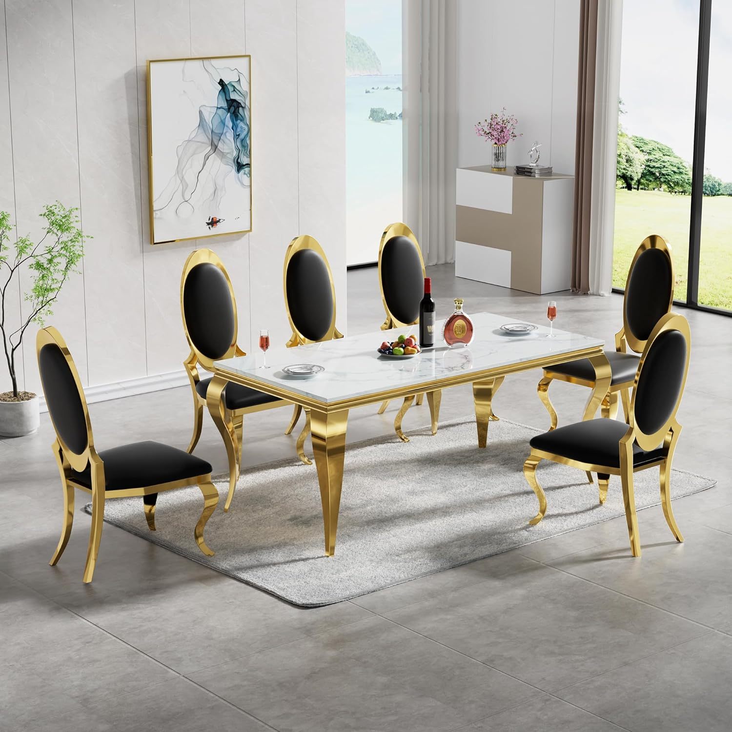 Luxury Gold Faux Marble Top Dining Table Set for Home