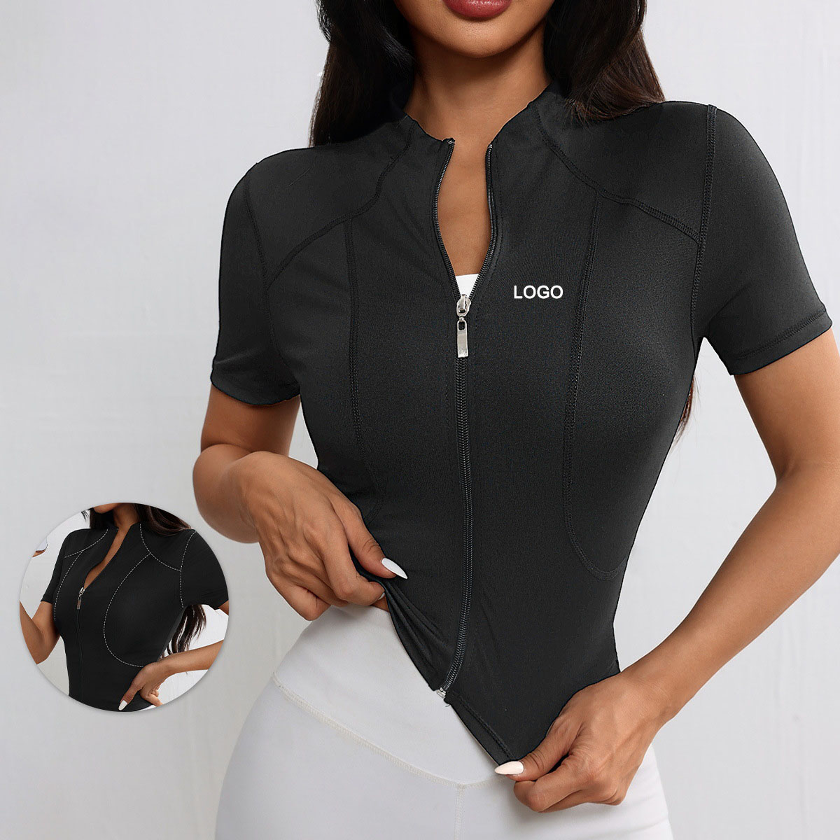 Women Full Zip Short Sleeve Workout Top Stand Collar Slim Fit Athletic Shirt Quick Dry Running Yoga Fitness Sports Jacket