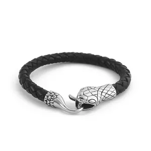 Bracelet en cuir véritable fait main en acier inoxydable serpent Viking bijoux