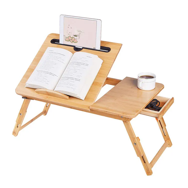 New Design Folding Legs Kitchen Breakfast Food Tray Laptop Table Bed Tray Lap Desk Bamboo Tray With Storage Drawer