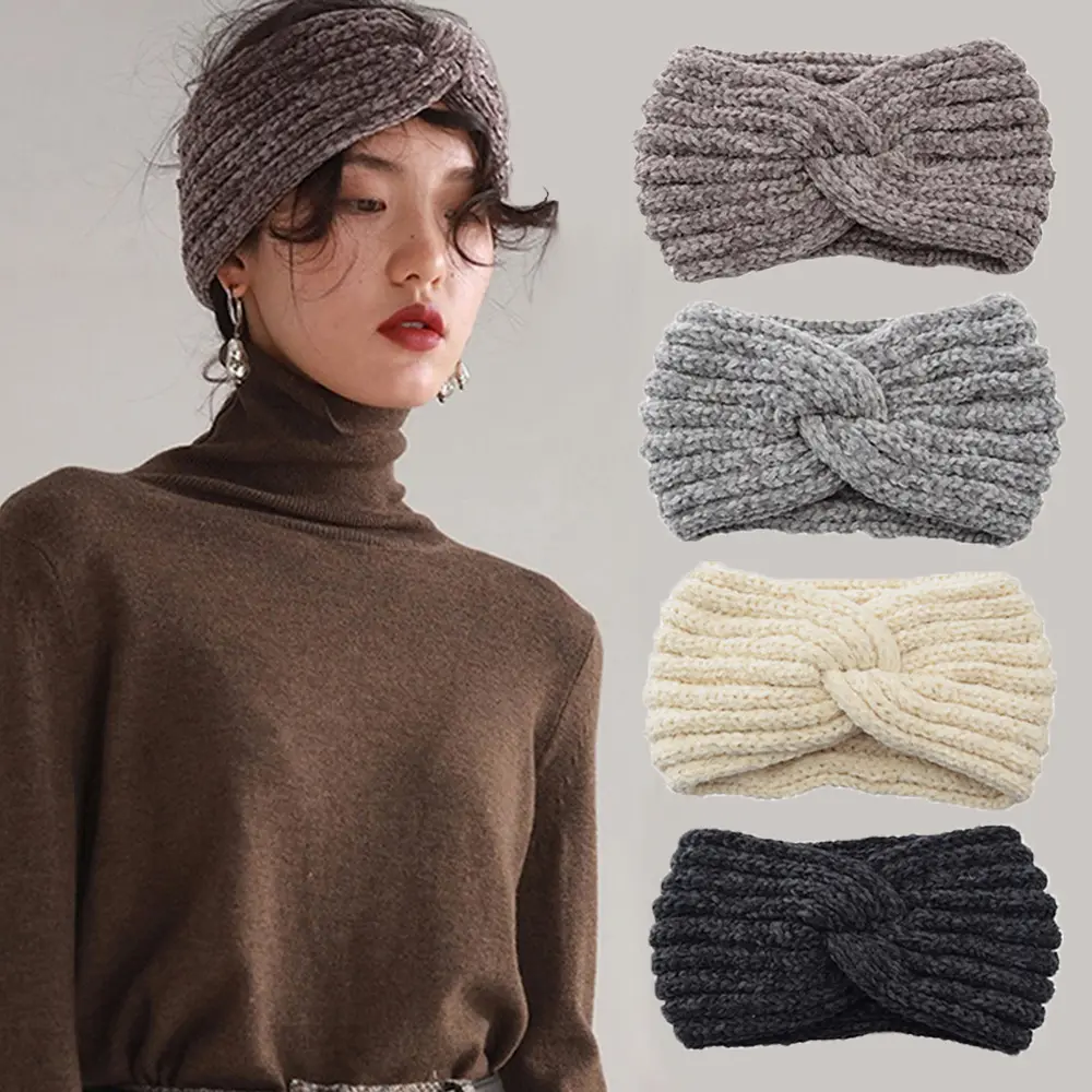 Bandas robustas para mulheres, turbante de crochê, malha, aquecedor de orelha