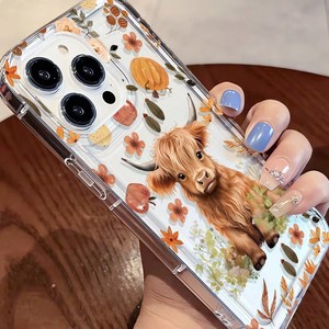Nuova <span class=keywords><strong>Cover</strong></span> Trasparente per <span class=keywords><strong>iPhone</strong></span> 17 16 <span class=keywords><strong>Pro</strong></span> Max con Stampa di Vitello Giallo Carino, Foglie Cadute e Fiori Autunnali, con Foro Grande - Product Image 1