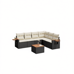 Modular Outdoor <b>Sofa</b> Set In Black Pe <b>Rattan</b> Garden Furniture With Teak Wood Accents Contemporary Design For Patio Use - Product Image 1