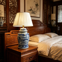 Lampe de style antique Phénix Chinoiserie, lampe de table en pot de gingembre bleu et blanc pour console de salon