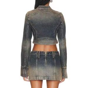 Ensemble de jeans en denim pour femmes de haute qualité, comprenant une veste courte sexy à fermeture éclair et une jupe trapèze en denim délavé à l'acide, style costume pour femmes - Product Image 3