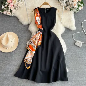 LE2228 Summer Elegant Long Dresses Woman Sleeveless O-Neck Sleeveless A-Line Dress Silk Scarf Design Holiday Party Midi Dresses