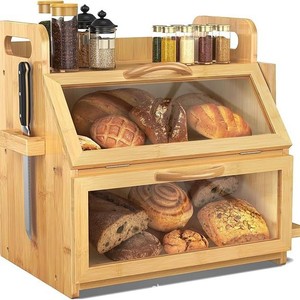 Bai Yixing Bamboo Wood Bread Storage Box <b>Double</b> Layer Glass Door Kitchen Bread <b>Bin</b> With Knife Holder - Product Image 1