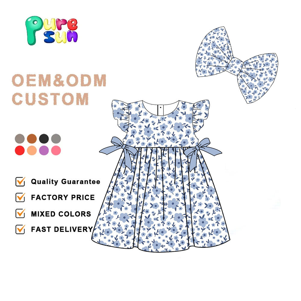 Boutique Milk Silk Summer Floral Print Dress Knee Length Baby Girl Bow  Outfit Girls Dresses